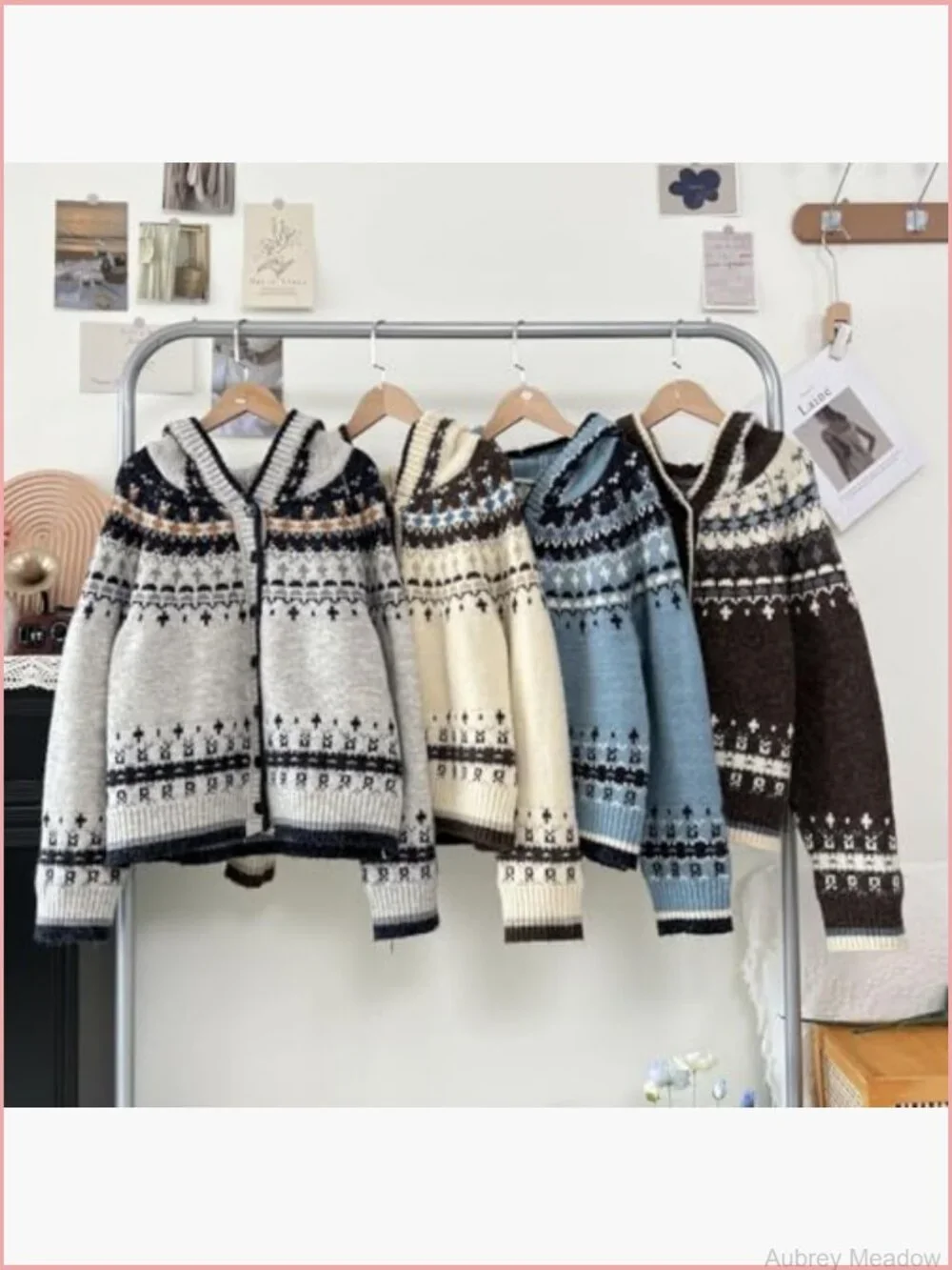 Color Block Knit Cardigan Sweater with Hood Snowflake Fair Isle Long Sleeve - Picture 5 of 7